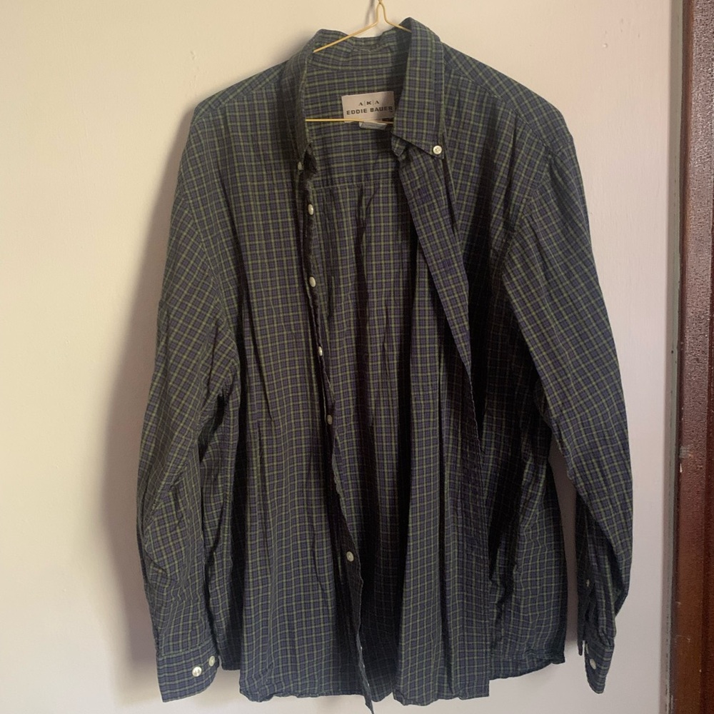 Eddie Bauer Green and Blue Button Down Plaid Shirt